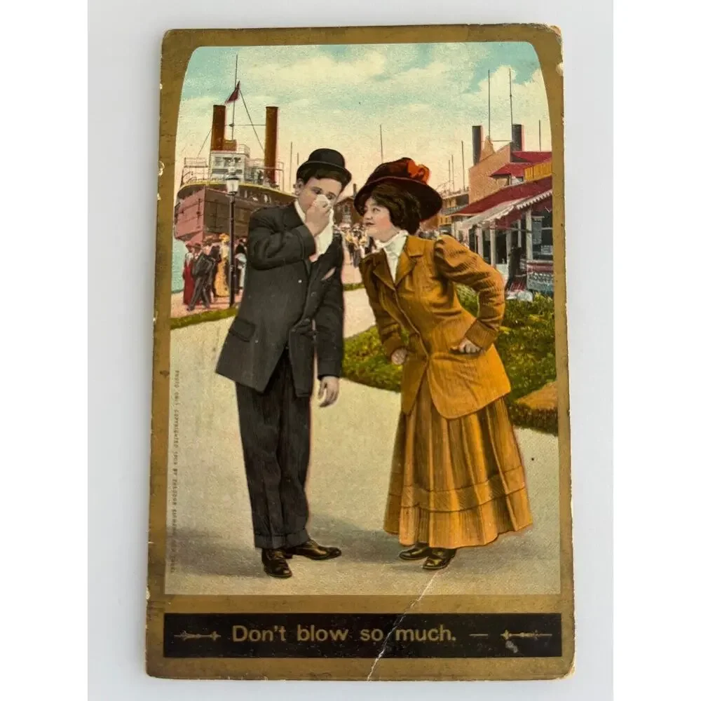 Antique 1909 Ephemera Humor Postcard EL Theochrom Comic Series Steamship Couple